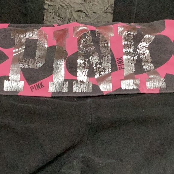 PINK Victoria's Secret Black Leggings Pink heart Trim metallic silver PINK logo - Picture 6 of 6